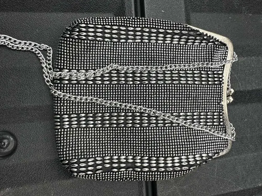 Vintage Black and Silver Metal Beaded Evening Clutch with Chain Strap